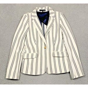 Harve Benard White Blazer Blue Stripes Textured Gold Crest Button Size 12 Pocket